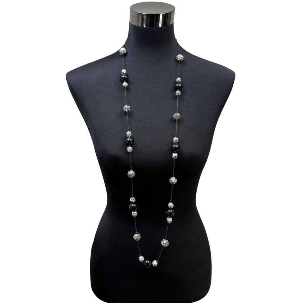 Long Acrylic Beaded Necklace Silver Filigree Black Beads Fashion Jewelry 23 in L